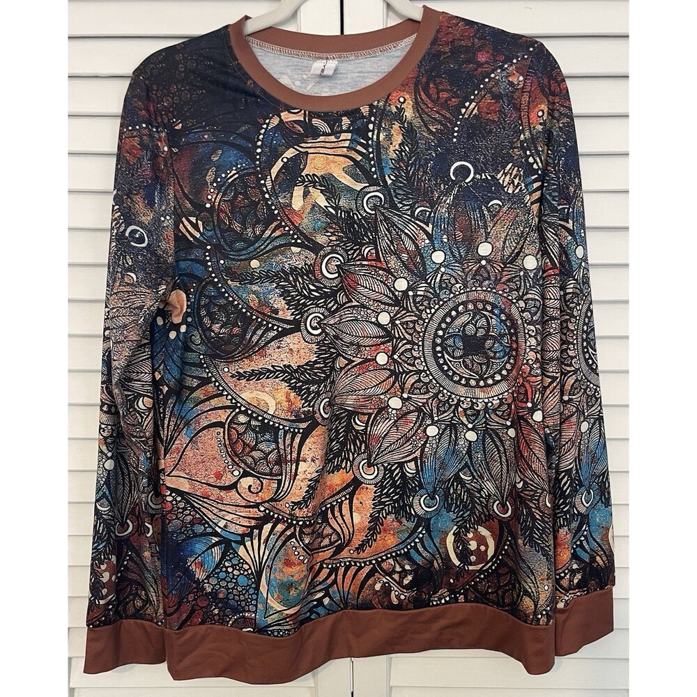 Chicyea Shirt Long Sleeve Brown Blue Floral Women’s Size Large